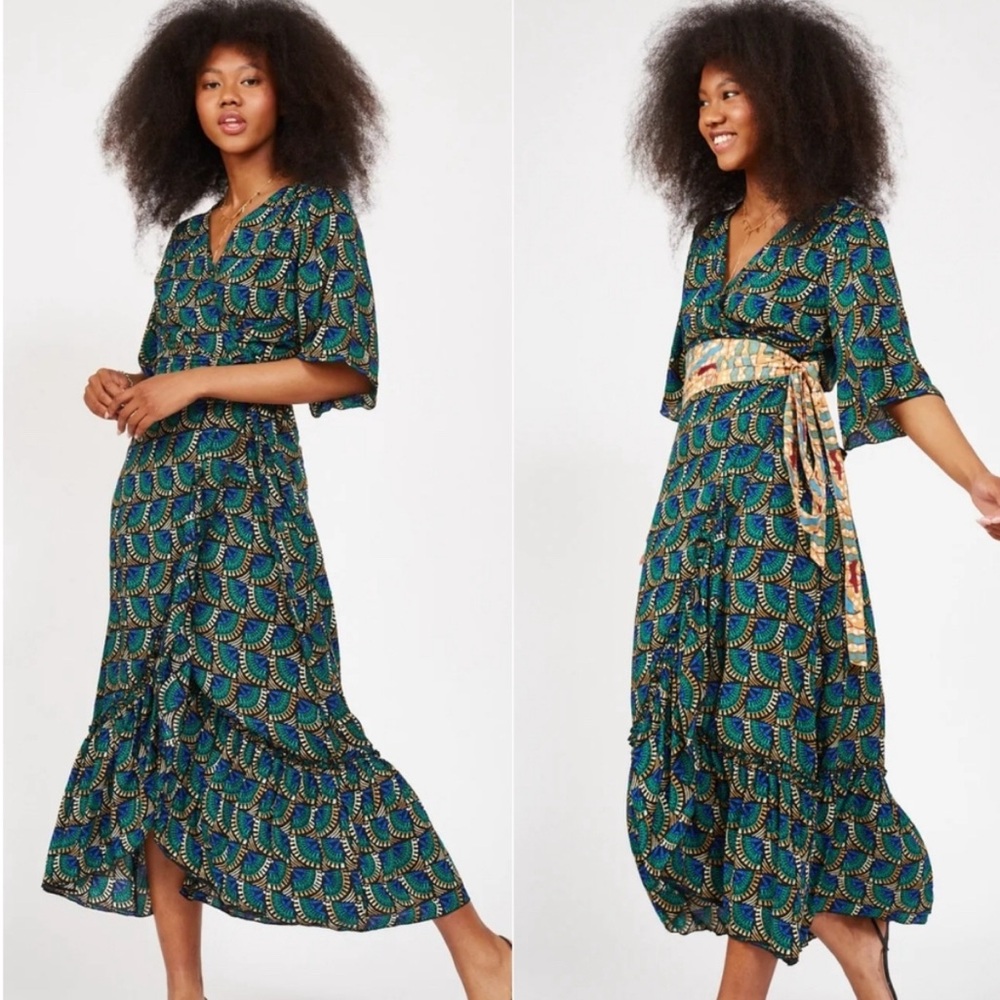 Silk and salt size large peacock fan print wrap dress
